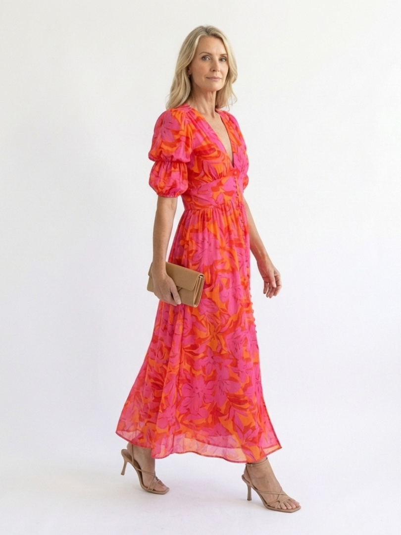 Willow™ - Floral V Neck Puff Sleeve Midi Dress