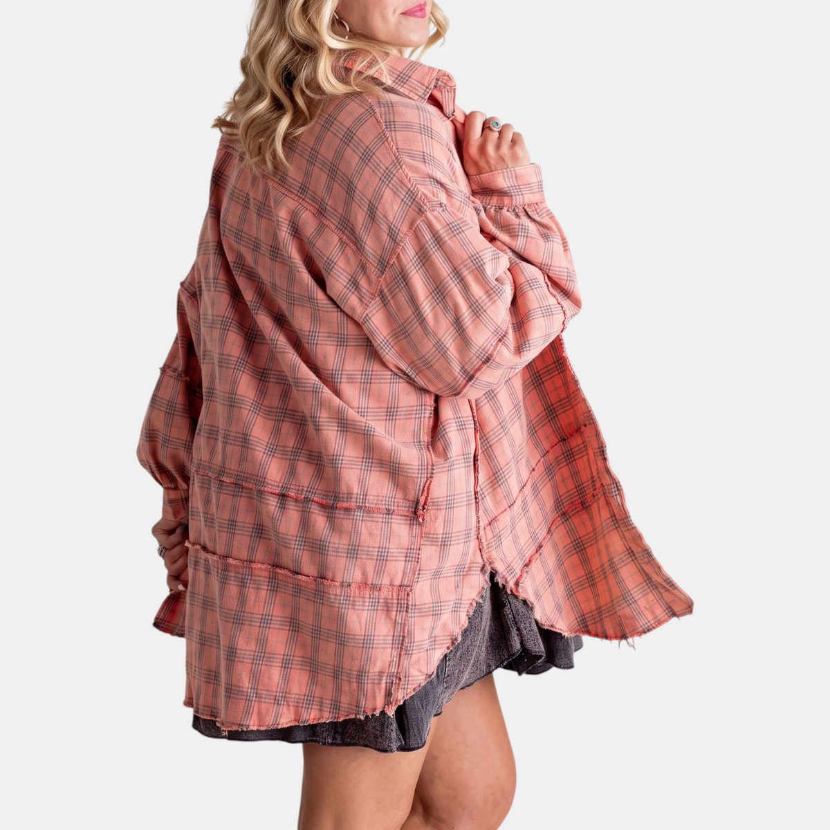 Jeanette | Women's Raw Hem Flannel Shirt Oversized Long Sleeve Blouse