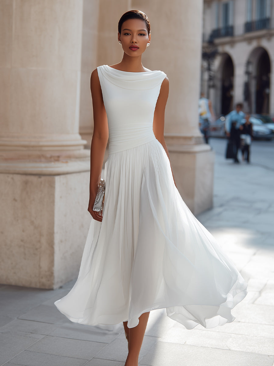 Sleeveless Pleated Midi Dress with Draped Neckline