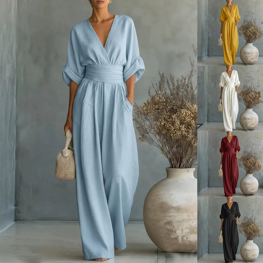 Women’s Short Sleeve V-Neck Wide Leg Jumpsuit