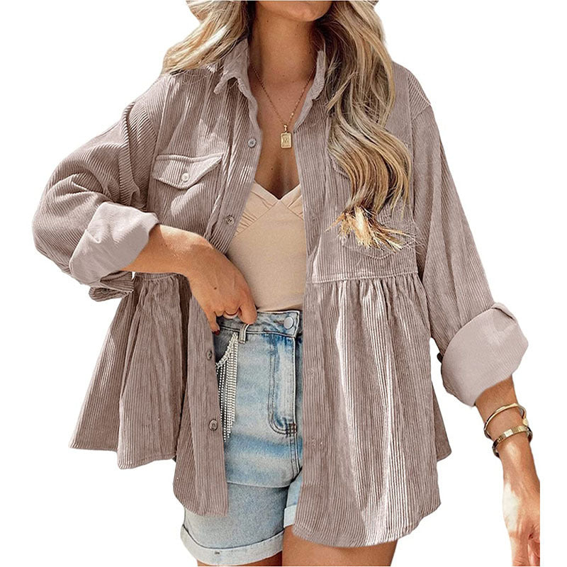 women's long sleeve corduroy ruffled shirt top button down shirt