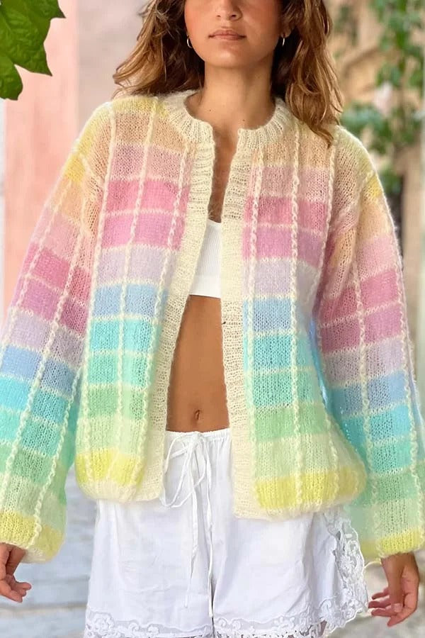SHINE | Knit Color Blocks Open Front Balloon Sleeve Loose Cardigan