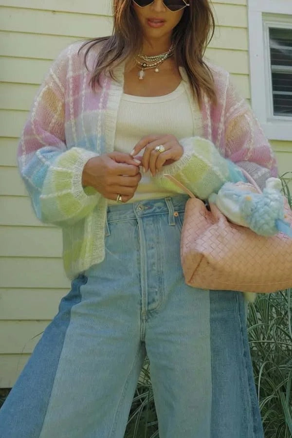 SHINE | Knit Color Blocks Open Front Balloon Sleeve Loose Cardigan