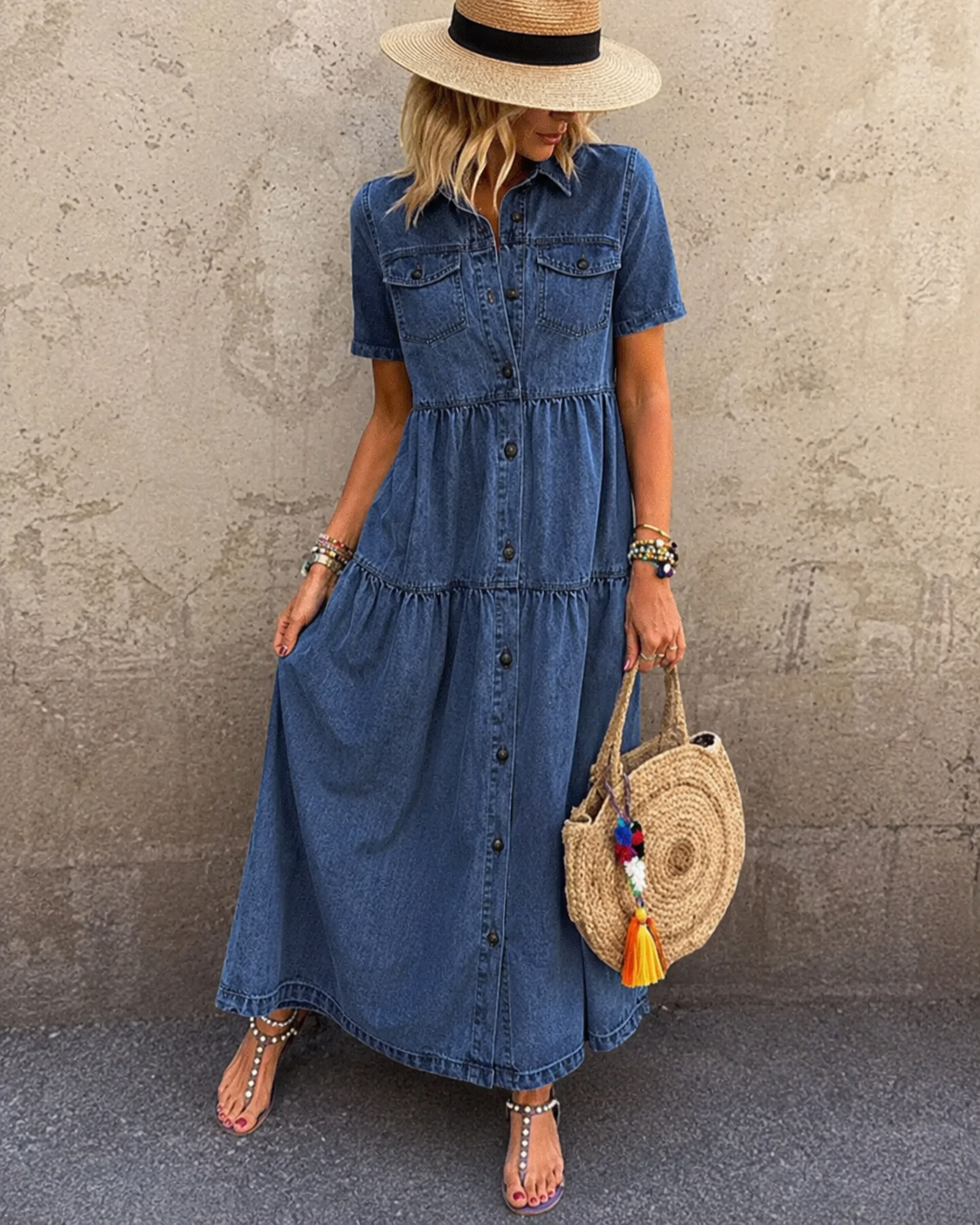 Emma | Belly-covering Denim Midi Dress with Buttons