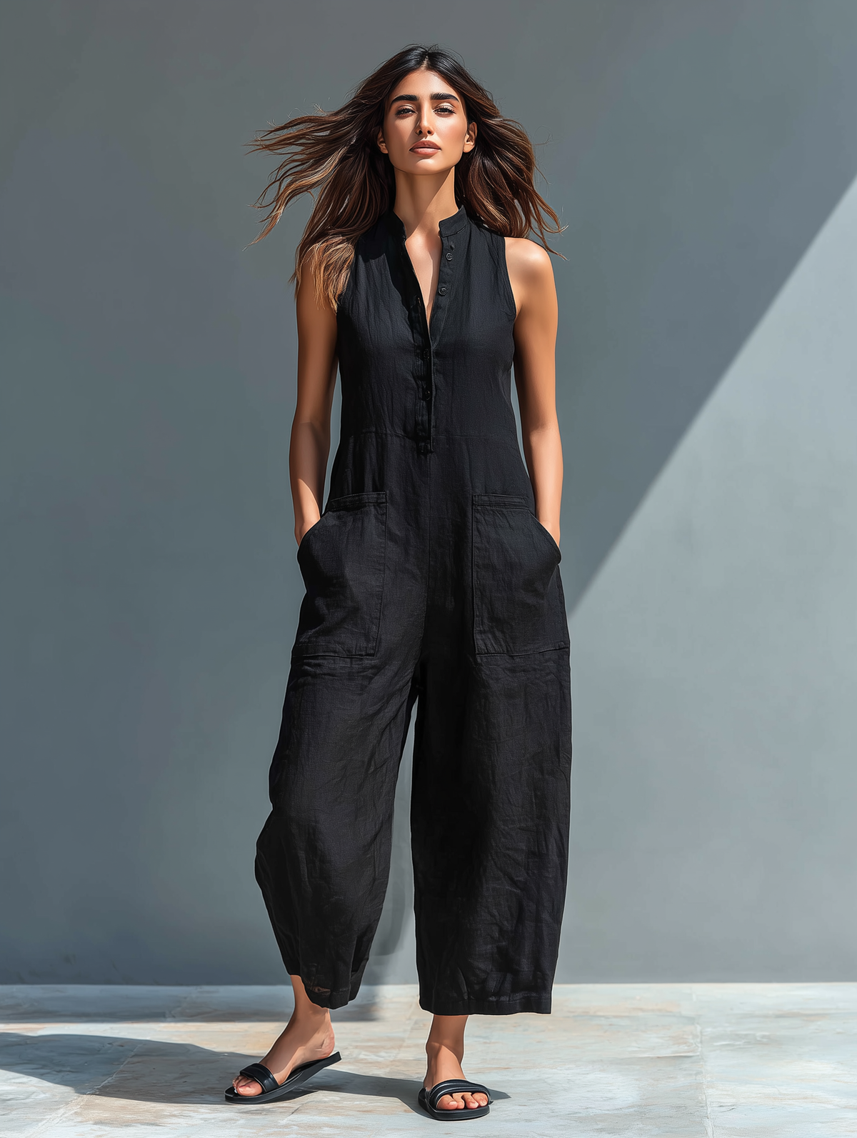 Women's Minimalist Linen Blend Loose Jumpsuit