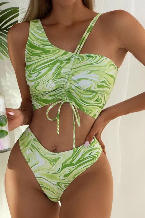 Water Ripple Print One-shoulder Bikini