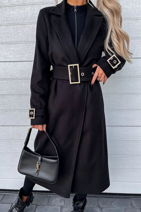 Style Expedition Woolen Belted Metal Button Lapel Midi Trench Coat