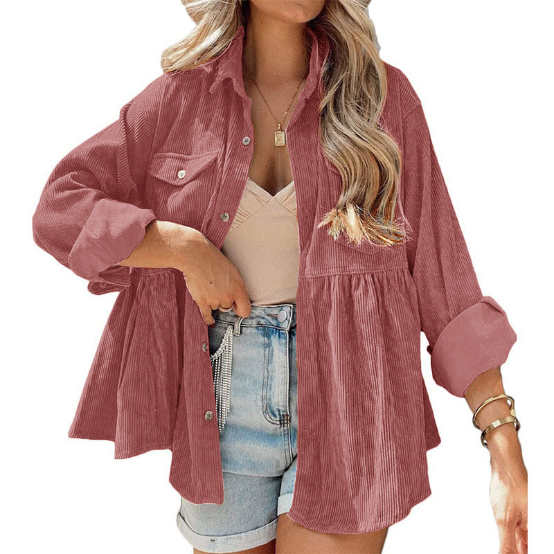 Karia | women's long sleeve corduroy ruffled shirt top button down shirt