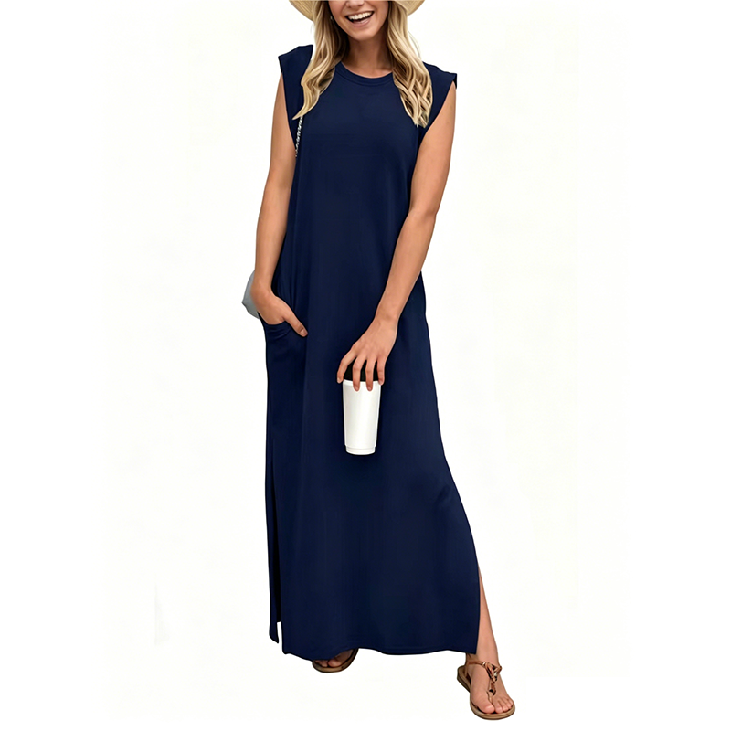 Casual Sleeveless Crew-Neck Maxi Dress