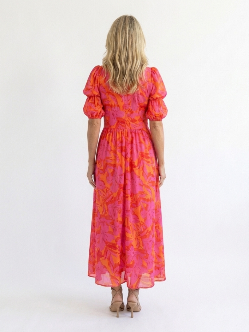 Willow™ - Floral V Neck Puff Sleeve Midi Dress