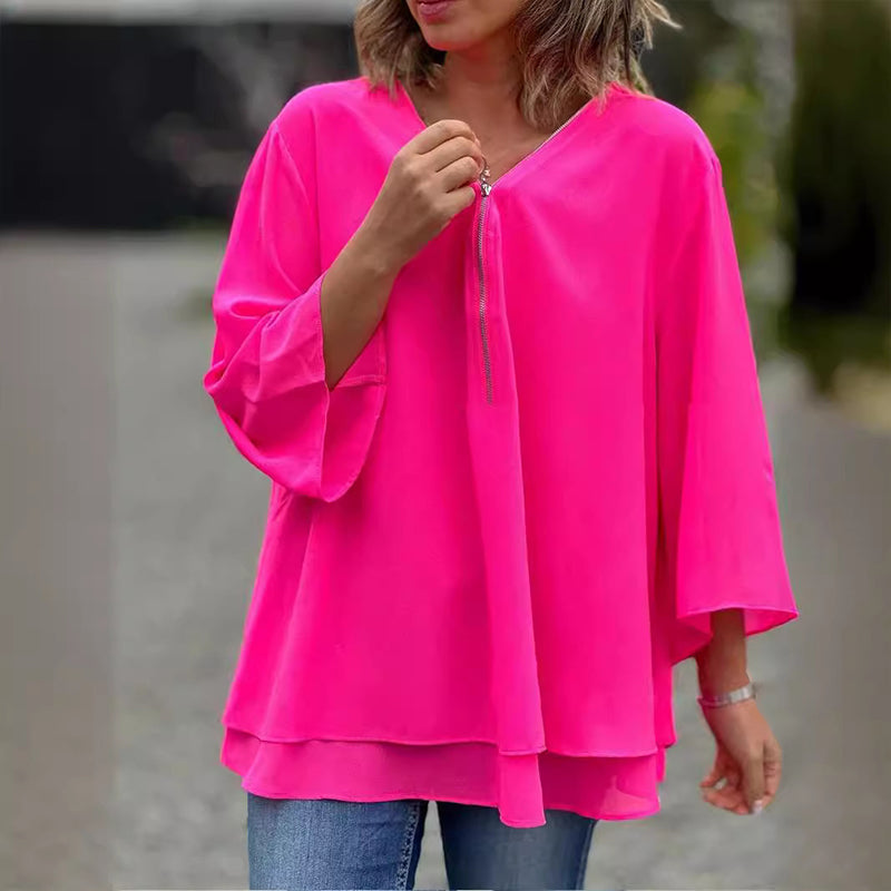 Hyacinth - V-Neck Flowy Zipped Top