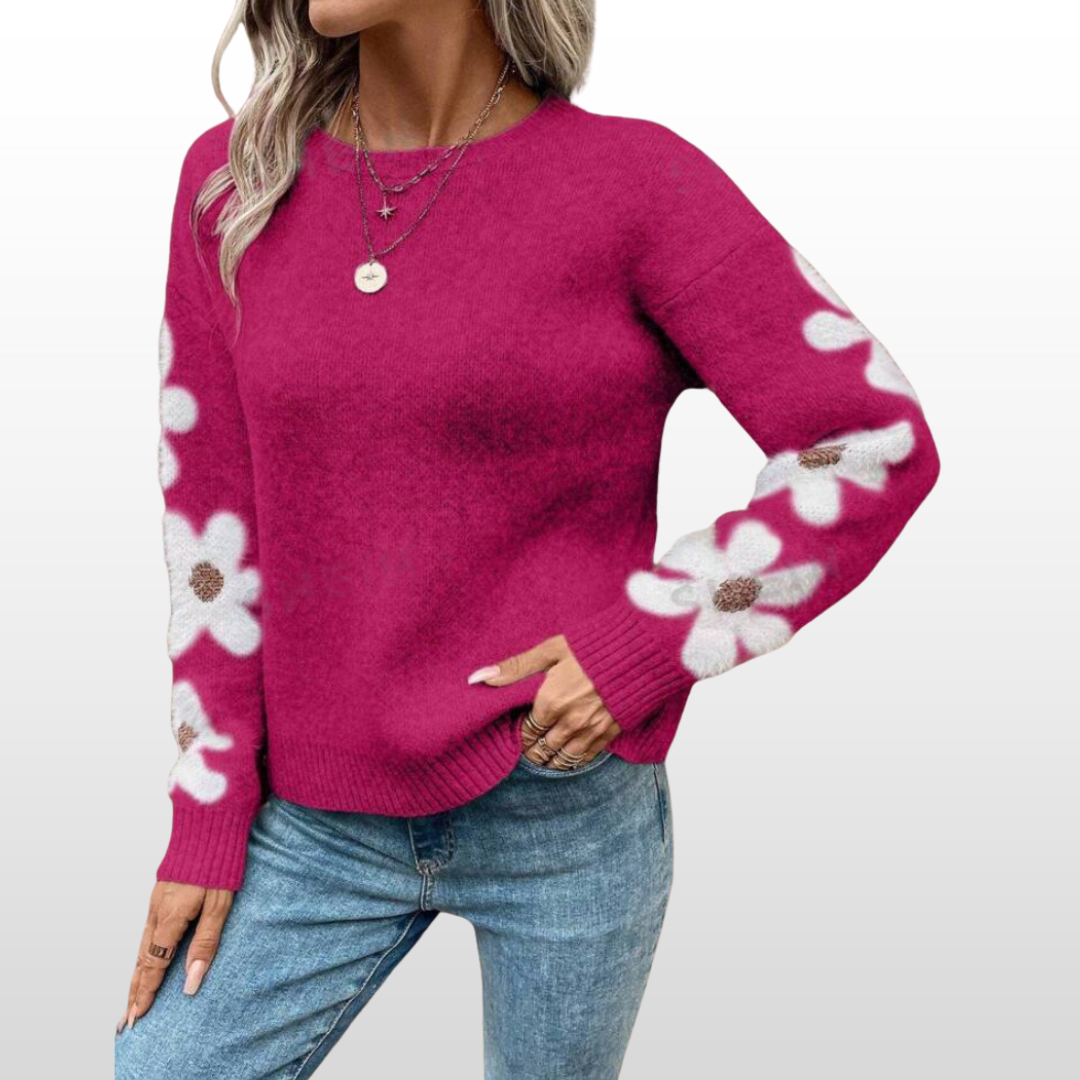 ZOEYT - Round Neck Floral Pattern Sweater