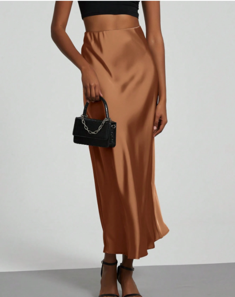 A-Line Satin Look Midi Skirt for Women with Slit and High Waist