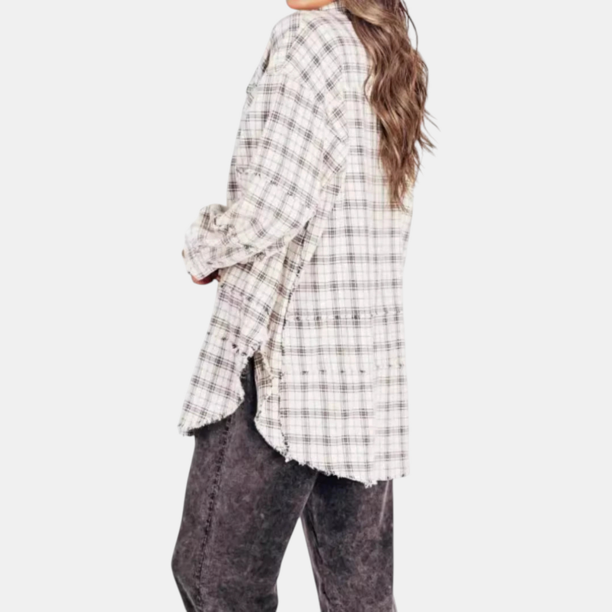 Jeanette | Women's Raw Hem Flannel Shirt Oversized Long Sleeve Blouse