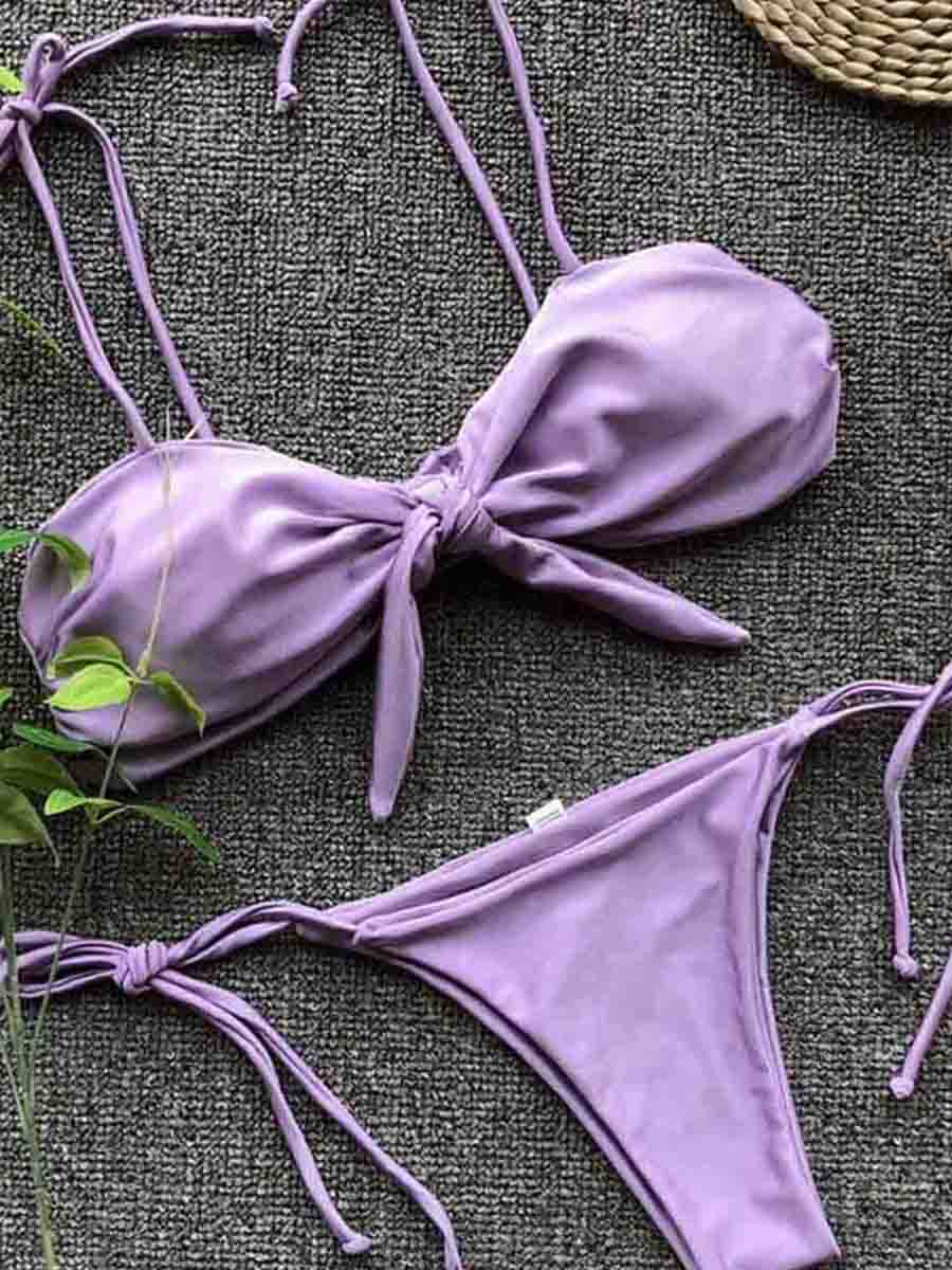 Spaghetti Strap Knot Design Purple Two Pieces Swimsuit