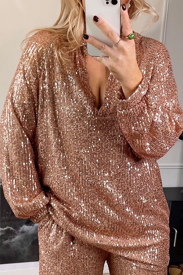 Party Energy Sequin Shirt Collar Loose Blouse