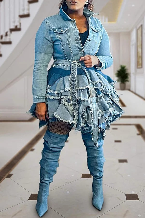 Fashion Casual Paneled Layer Hem Washed Denim Jacket