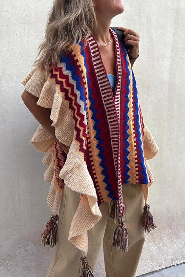 LIA | Ruffled ethnic style knitted cardigan