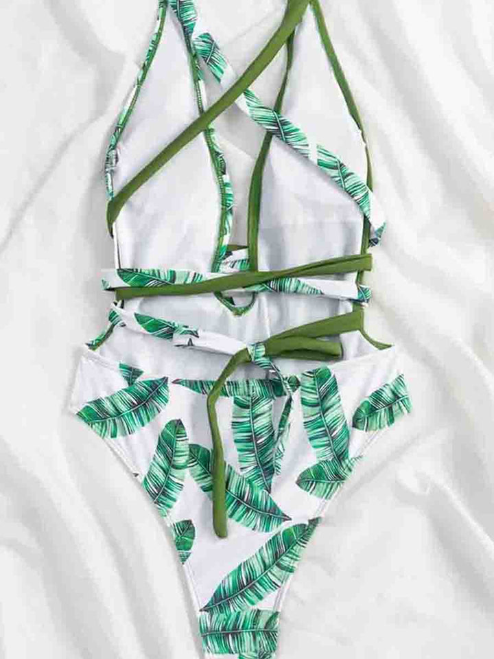 Floral Print  Patchwork Green One-piece Swimsuit