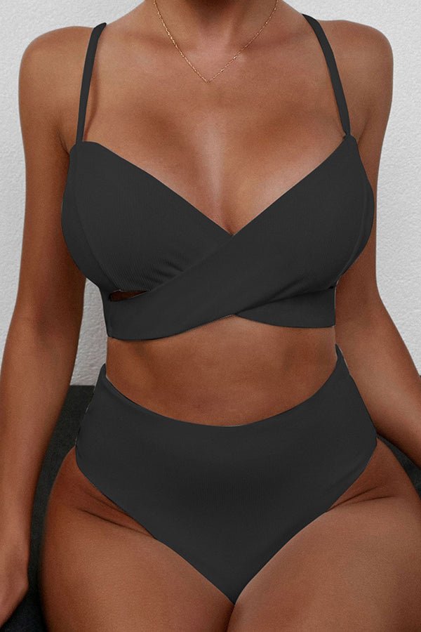 Pit Strip Solid Color Crossover High Waist Bikini