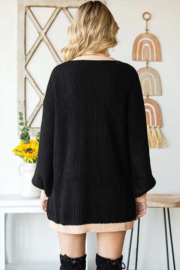 IMADIA | Black Bishop Sleeve Colorblock Open Front Cardigan Sweater
