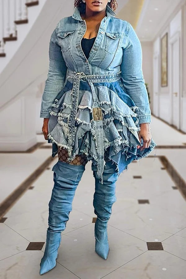 Fashion Casual Paneled Layer Hem Washed Denim Jacket