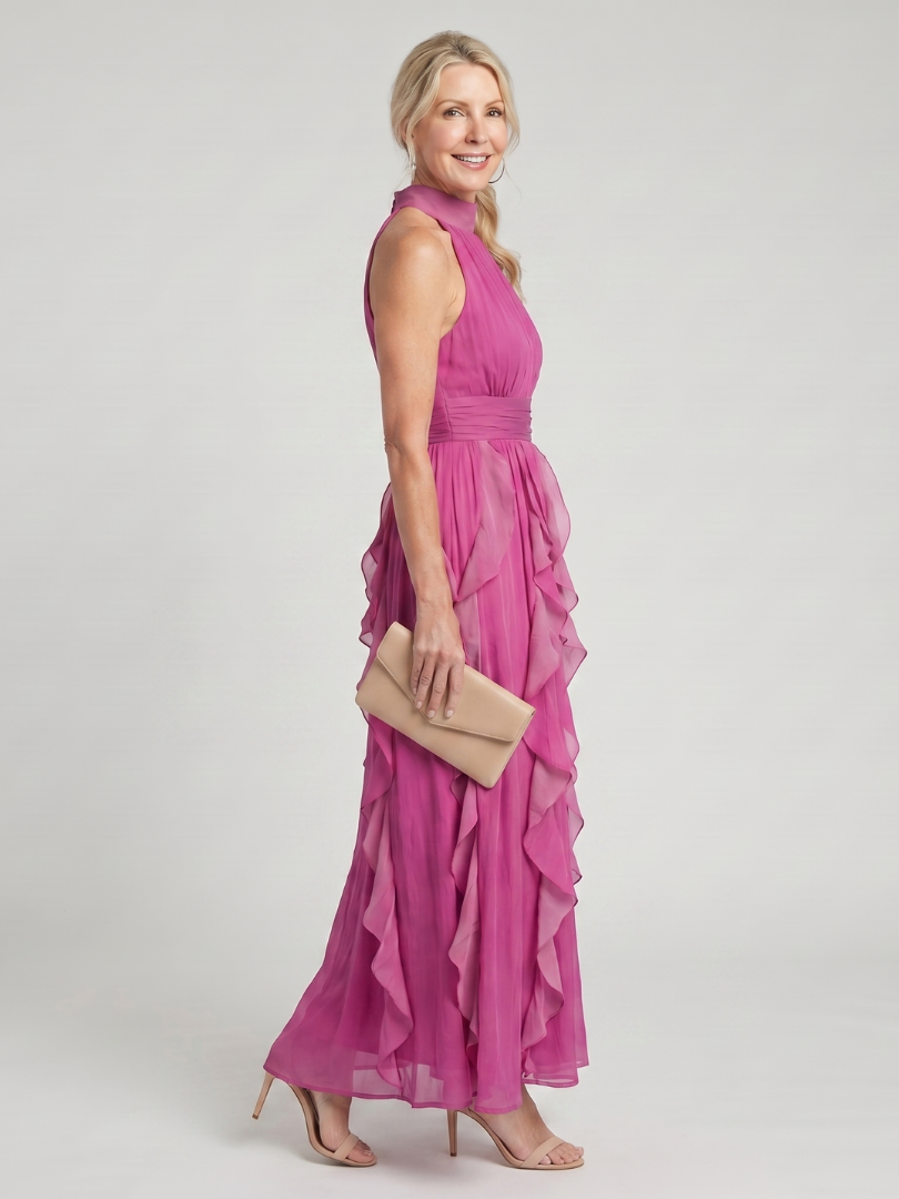 Orea™ - High Neck Gathered Ruffle Layers Maxi Dress