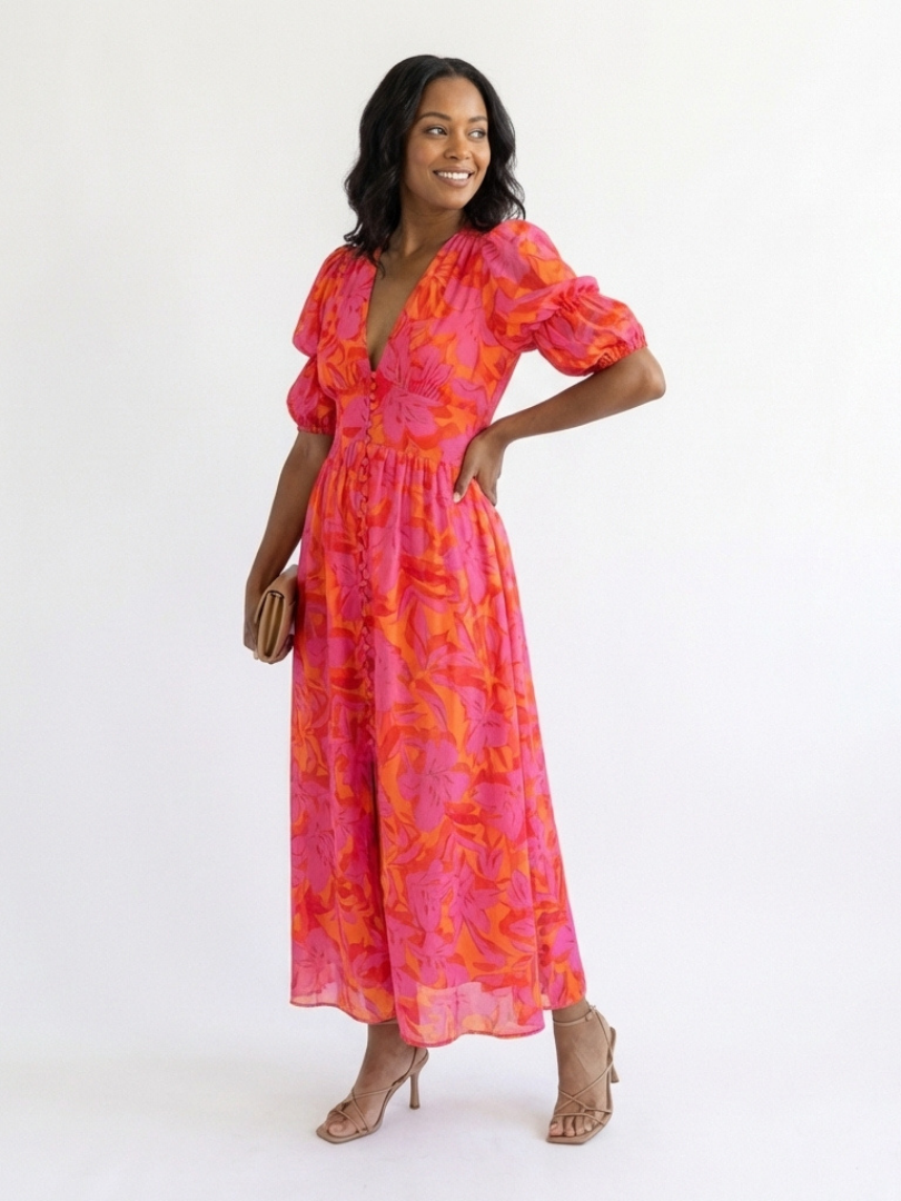 Willow™ - Floral V Neck Puff Sleeve Midi Dress