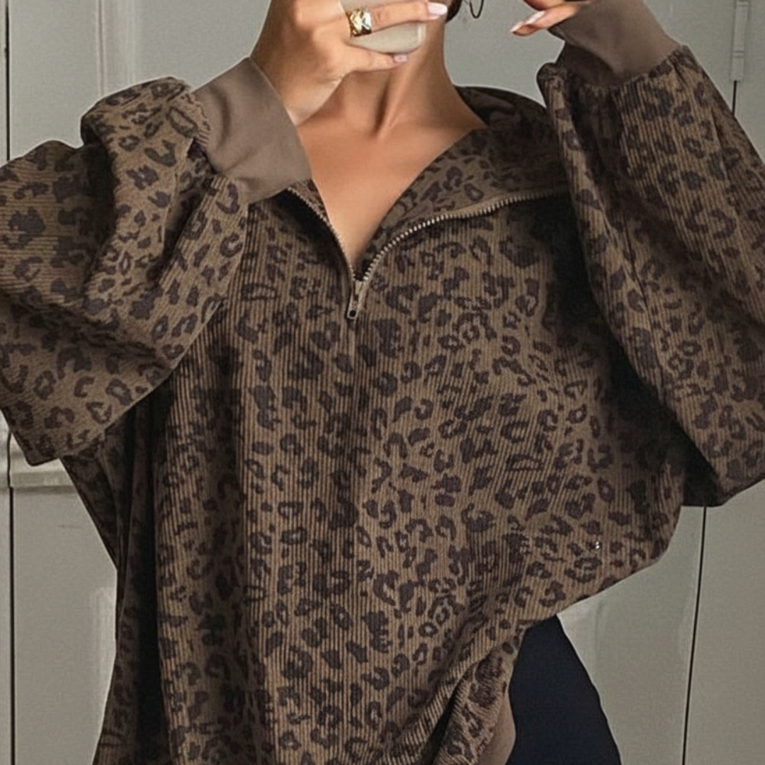 INGRIDT - Zip-Up Front Leopard Print Sweatshirt