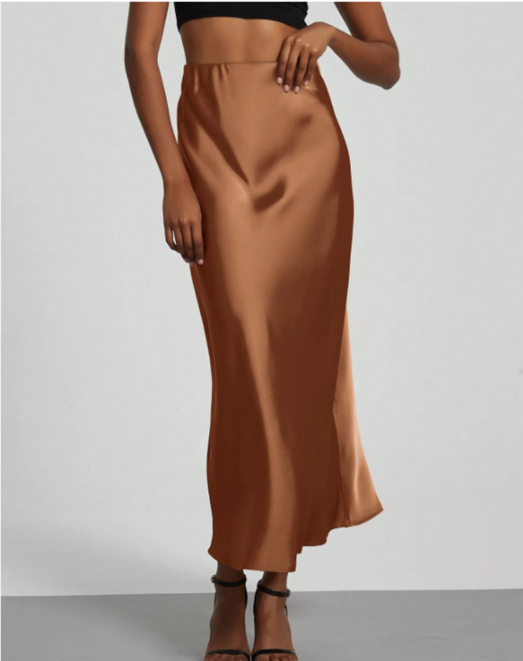 A-Line Satin Look Midi Skirt for Women with Slit and High Waist
