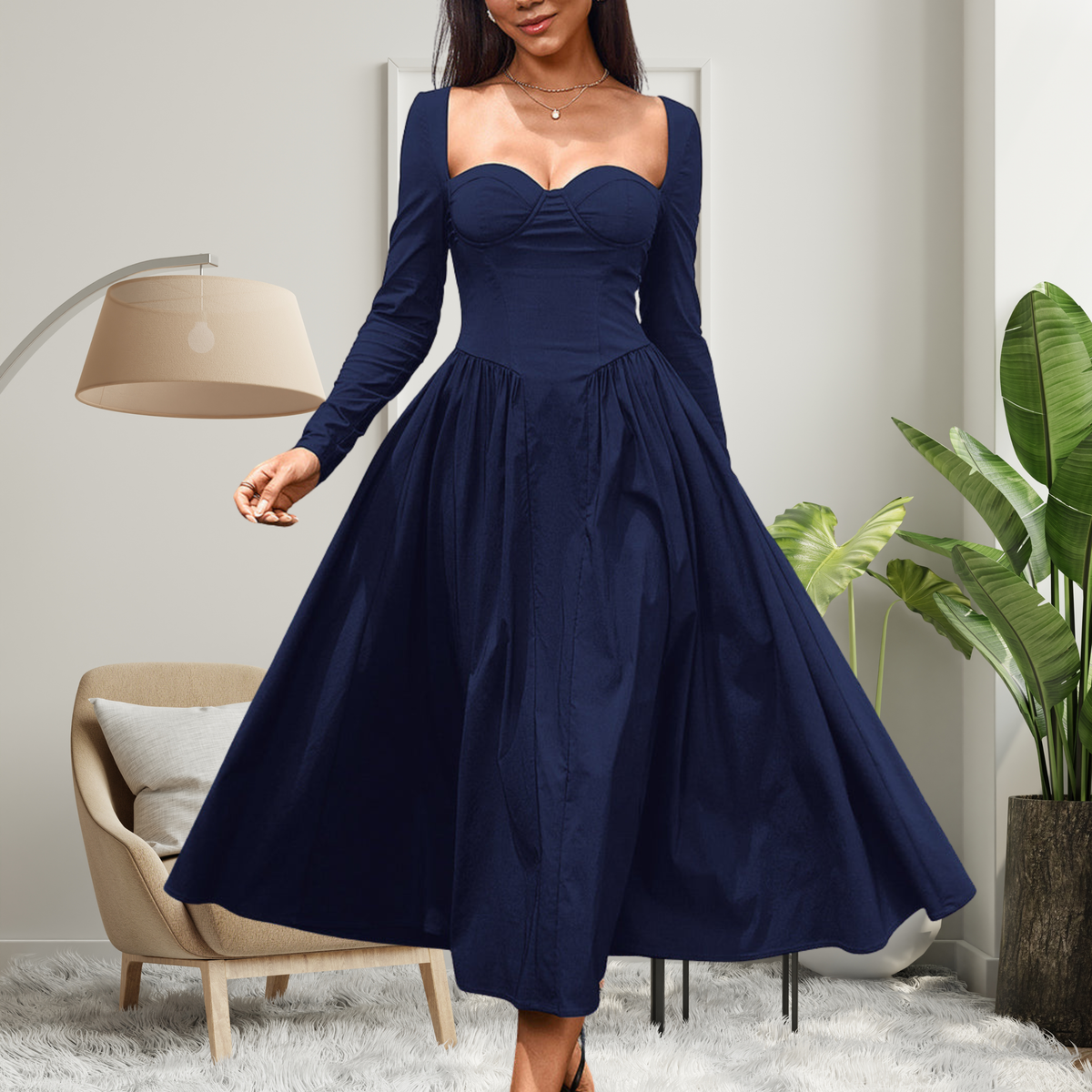 AKILAT - Heart Neckline Long Sleeve A-Line