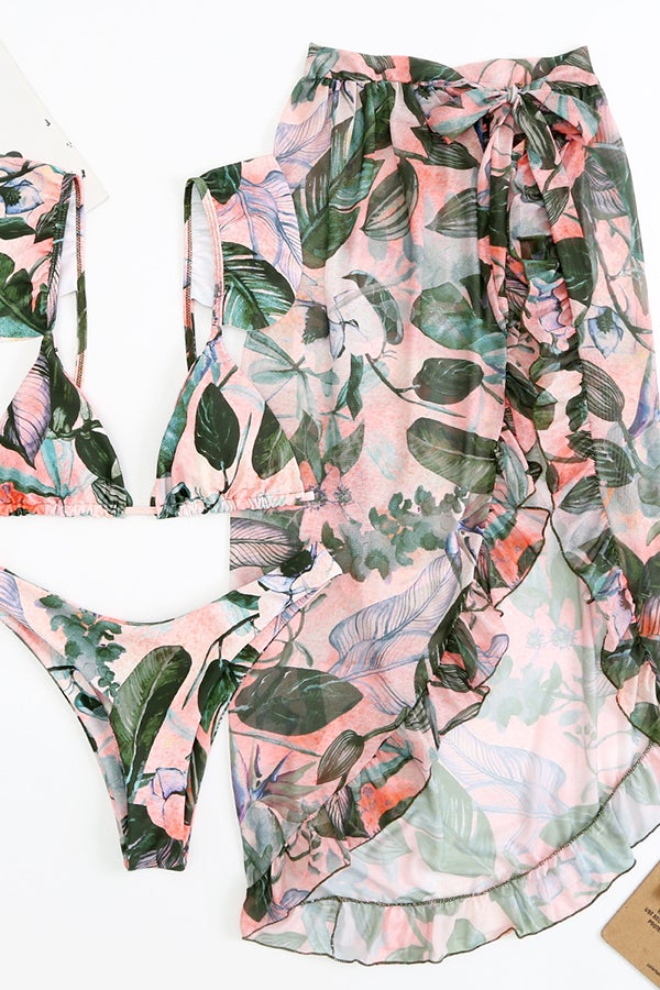 Three-piece Bikini With Leaf Print Mesh Lace