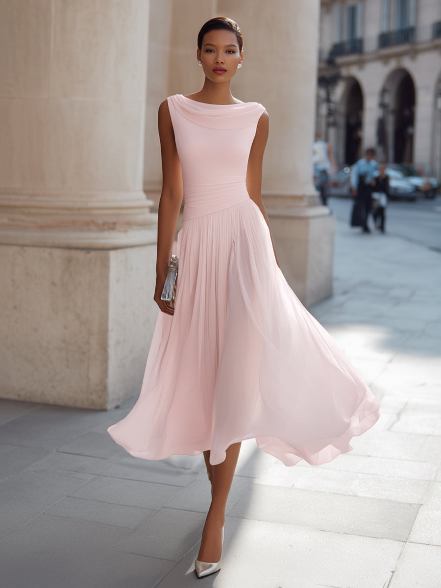 Sleeveless Pleated Midi Dress with Draped Neckline