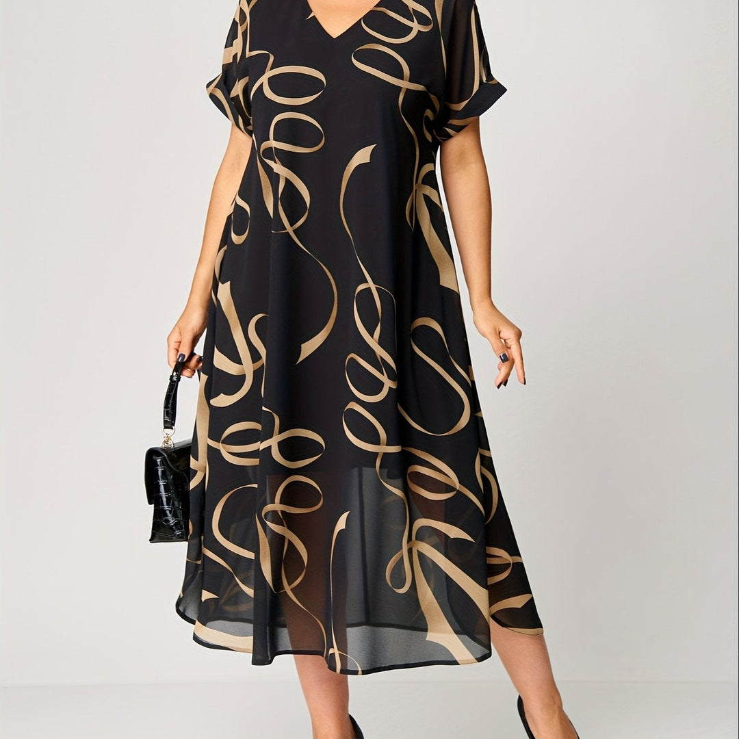 Hylma | Golden Leaf Print Short Sleeved Maxi Dress