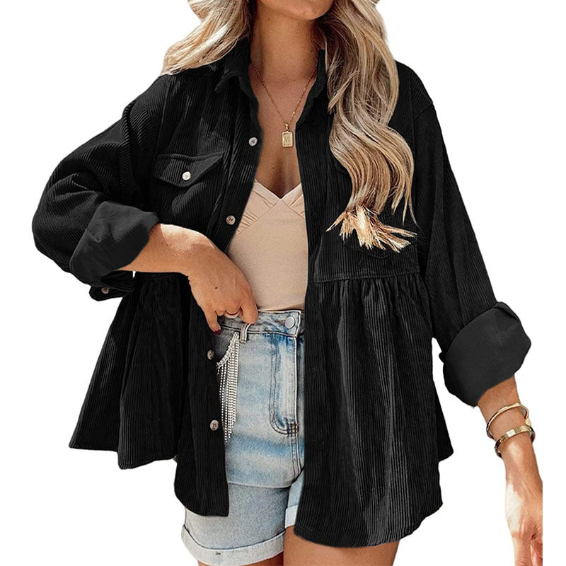 Karia | women's long sleeve corduroy ruffled shirt top button down shirt