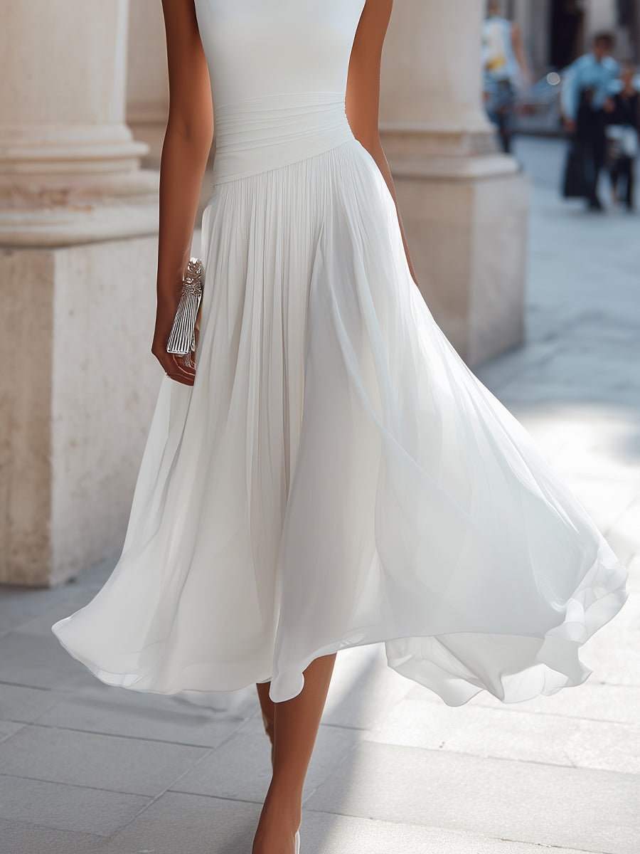 Sleeveless Pleated Midi Dress with Draped Neckline