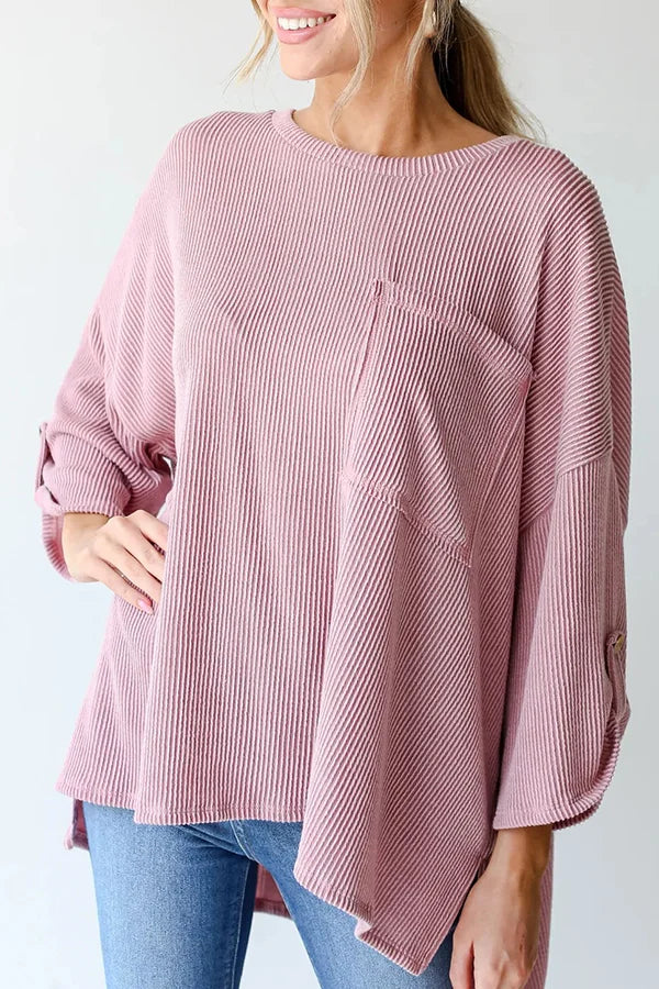 LG Pocket Crew Neck Button Down Long Sleeve Top