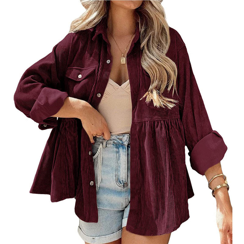 women's long sleeve corduroy ruffled shirt top button down shirt