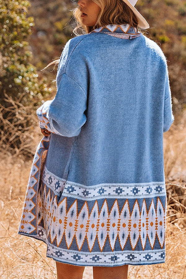 CELIN | Women's Sweaters Blue Aztec Print Open Front Knitted Cardigan