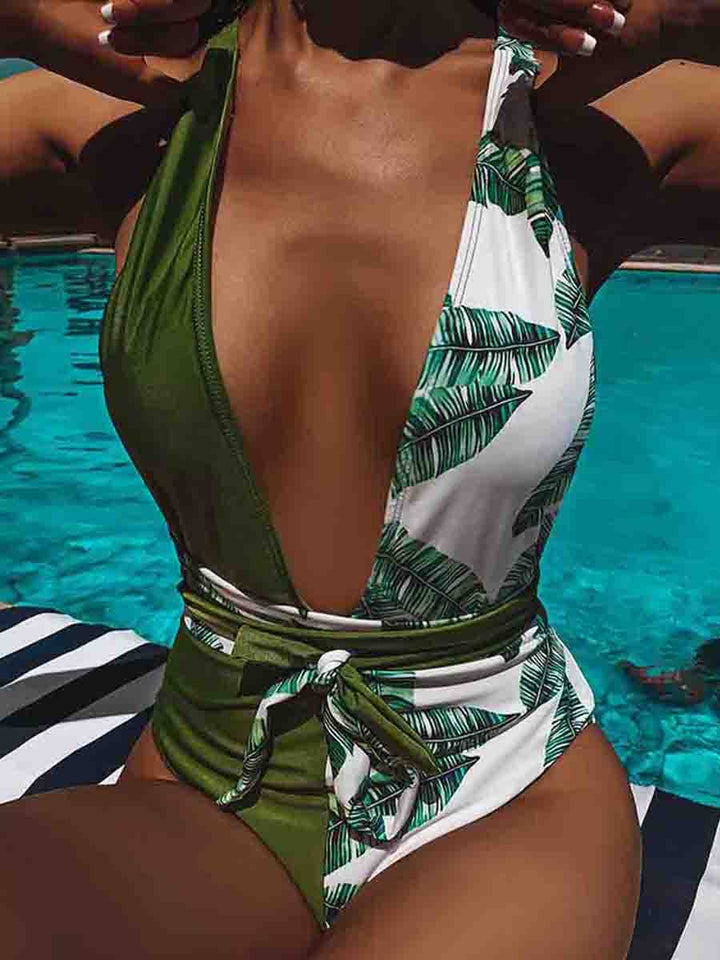 Floral Print  Patchwork Green One-piece Swimsuit