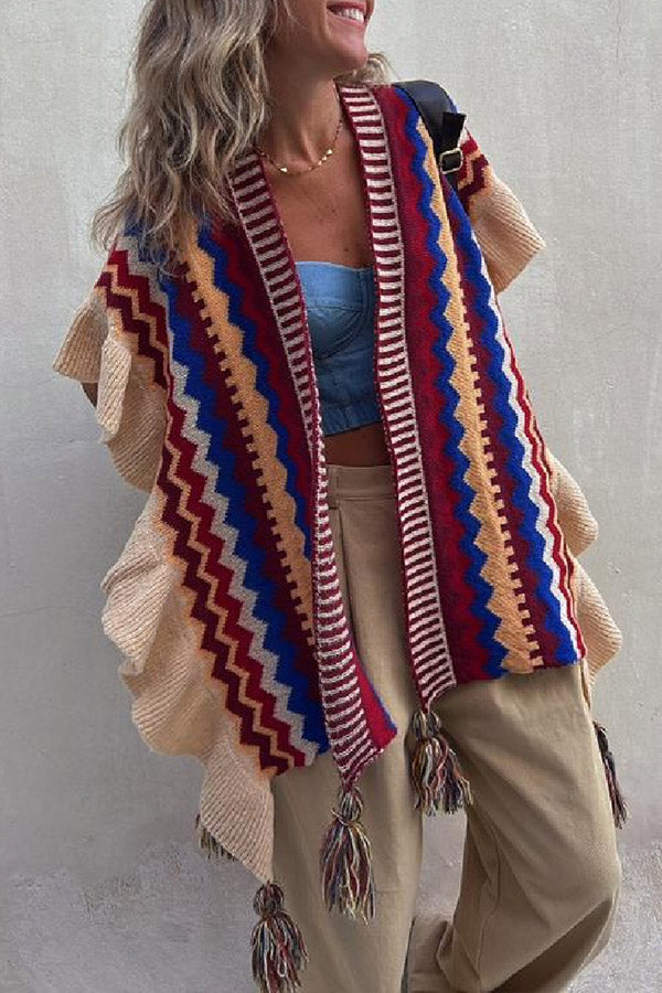 LIA | Ruffled ethnic style knitted cardigan