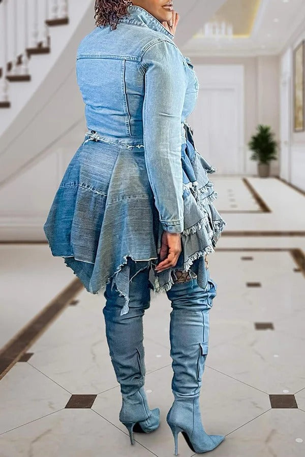 Fashion Casual Paneled Layer Hem Washed Denim Jacket