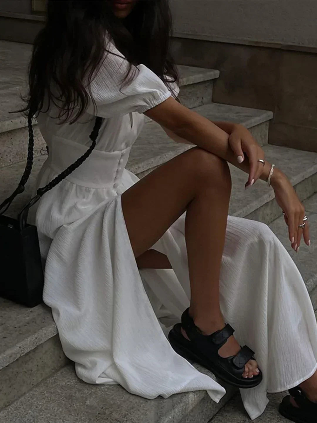 Anais | Puff-Sleeve Buttoned Maxi Dress with Slit