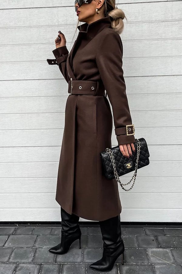 Style Expedition Woolen Belted Metal Button Lapel Midi Trench Coat