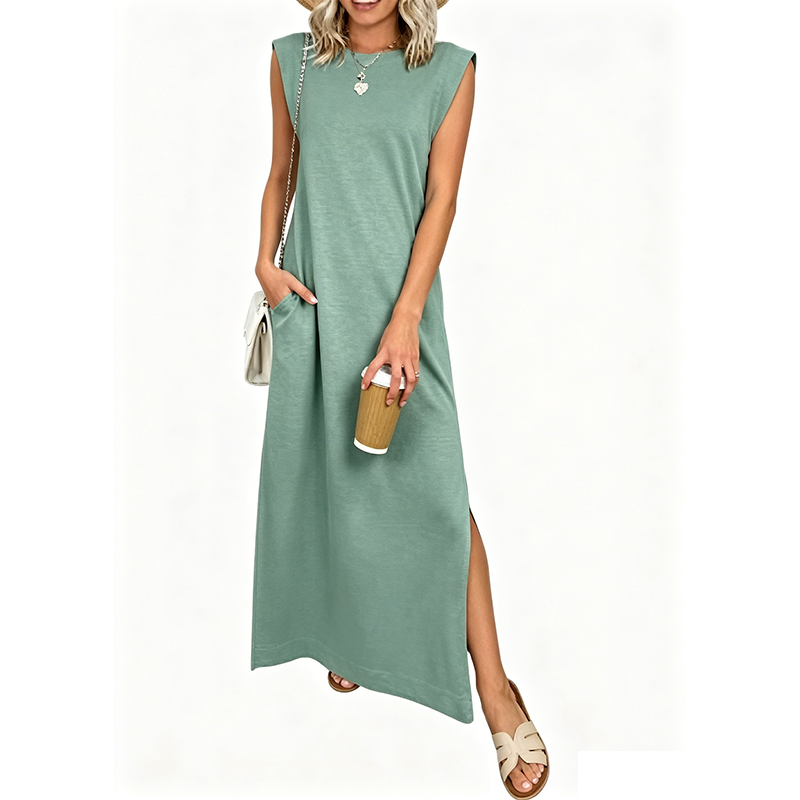 Casual Sleeveless Crew-Neck Maxi Dress