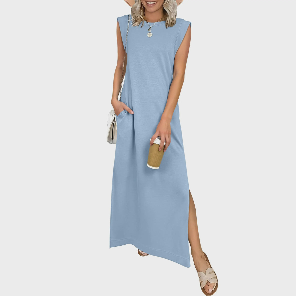 Casual Sleeveless Crew-Neck Maxi Dress