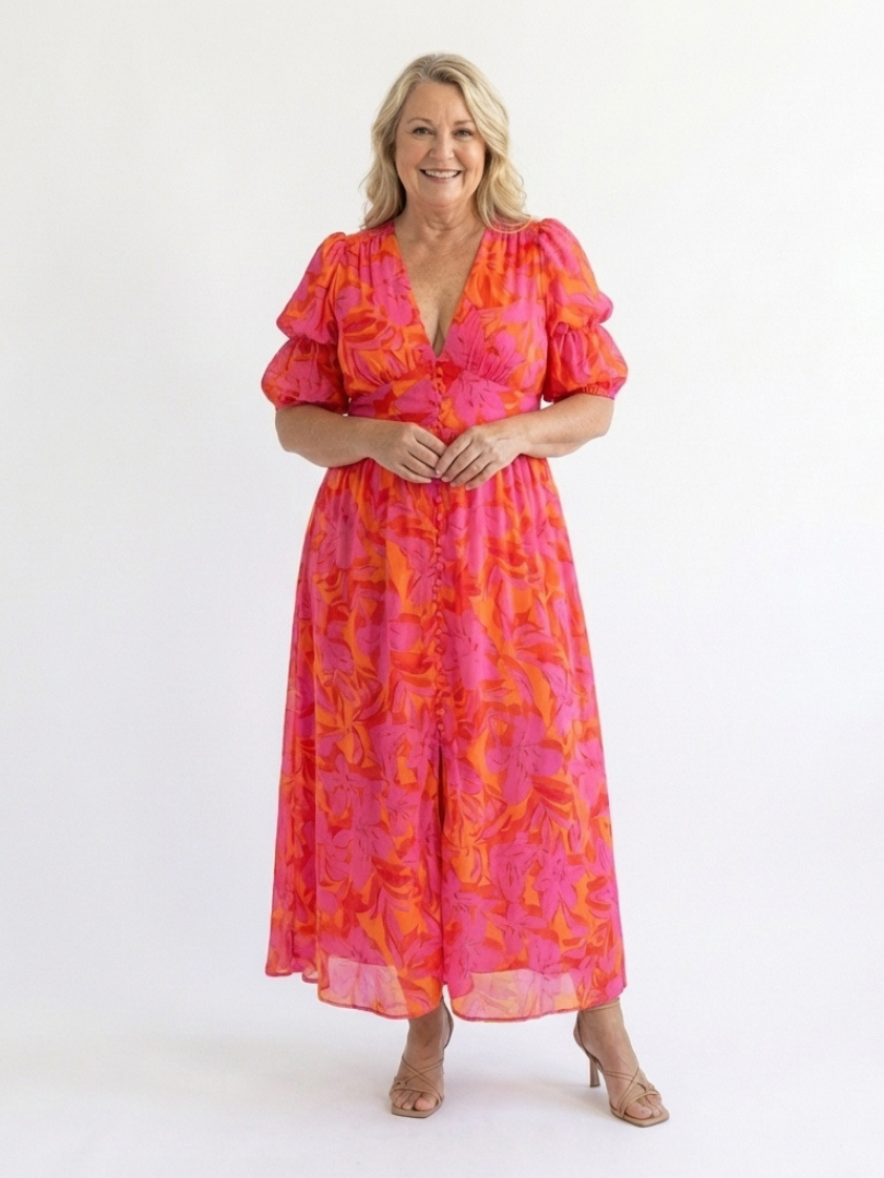 Willow™ - Floral V Neck Puff Sleeve Midi Dress