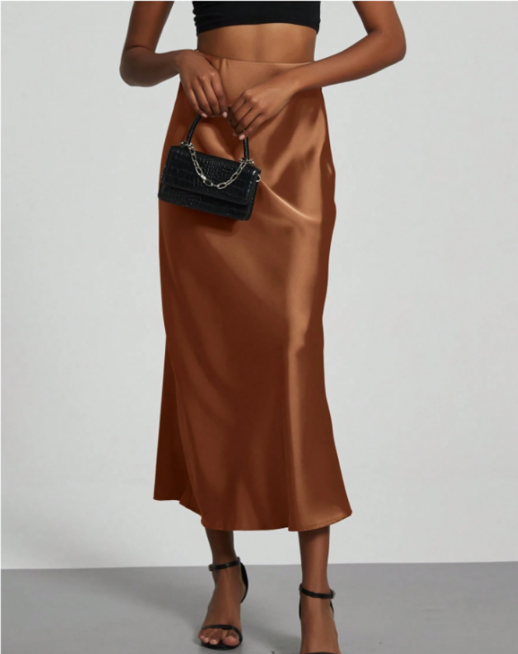 A-Line Satin Look Midi Skirt for Women with Slit and High Waist