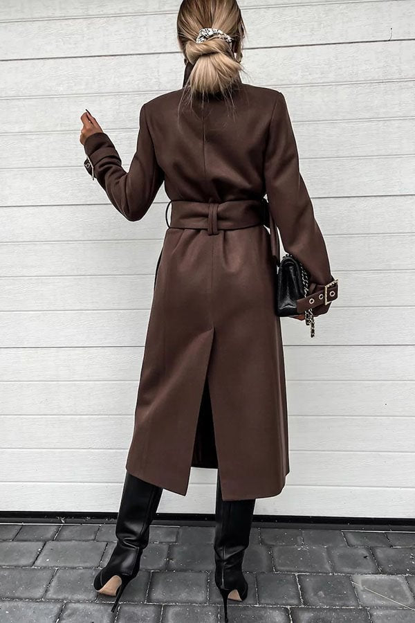 Style Expedition Woolen Belted Metal Button Lapel Midi Trench Coat