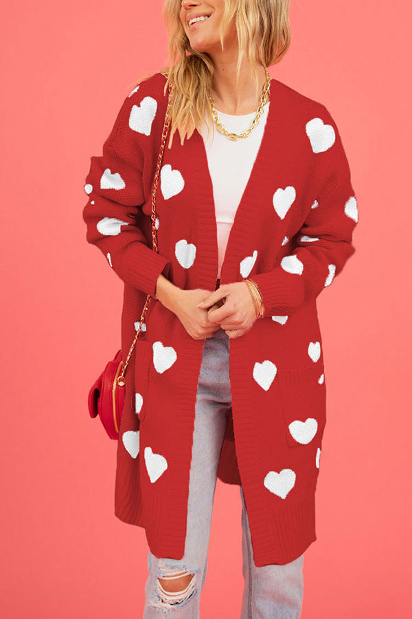Love knitted cardigan Love pocket V-neck mid-length knitted cardigan